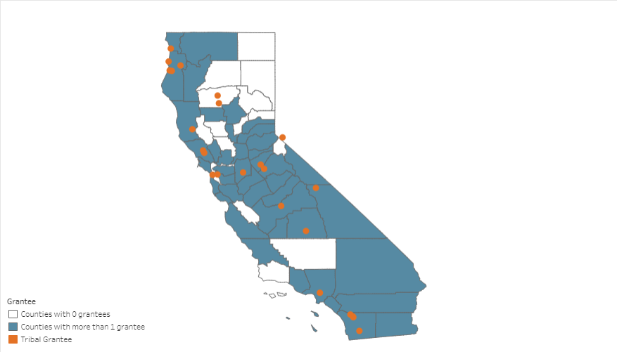 Map of California broken down into counties. CCMU Implementation counties are shaded blue and Tribal Entity locations are orange dots.